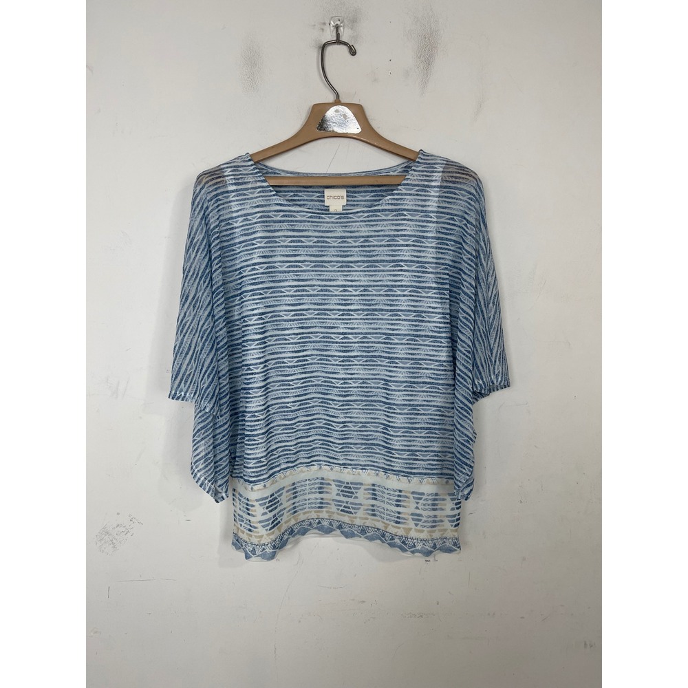 Chico's Blue White Geometric Mesh Overlay Dolman‎ Top Size 2 L Large Mens